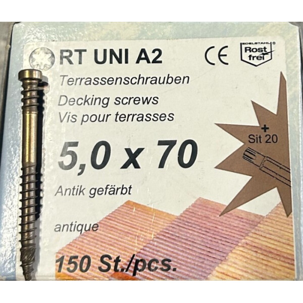 Terrassenschrauben RT UNI A2, antik gefärbt, 5 x 70 mm, Pack à 150 Stk.